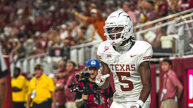 Sep. 9, 2023; Tuscaloosa, Alabama; Texas Longhorns wide receiver Adonai Mitchell (5) celebrates a touchdown against Alabama at Bryant-Denny Stadium on Saturday, Sep. 9, 2023 in Tuscaloosa, Alabama. Mandatory Credit: Aaron E. Martinez-USA TODAY NETWORK  